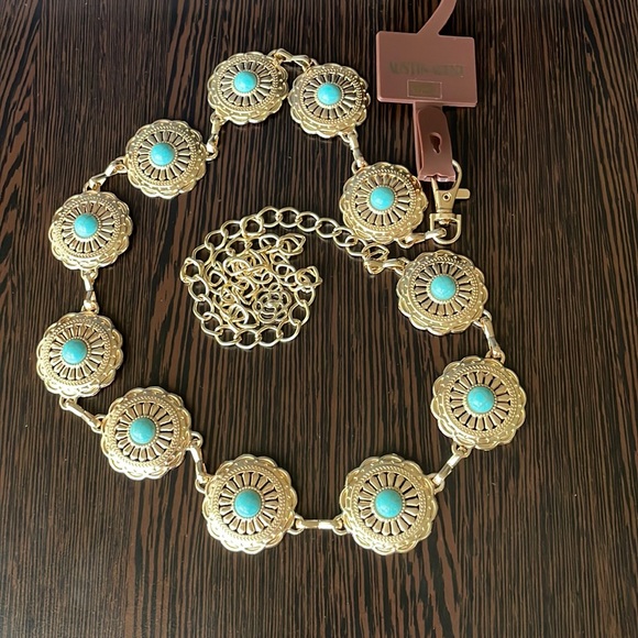 M/L Gold Tone/Faux Turquoise Metal Chain Belt - Picture 1 of 6